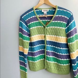 Yellow Green Blue Purple Striped Sweater / Flower Buttons
